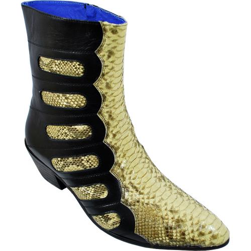 Fiesso Black / Cream Genuine Python Snake Skin Pointed Toe Boots With Custom Lambskin Eyelet Design Trim FI6624